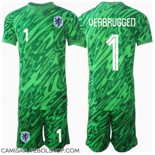 Camisa de time de futebol Holanda Bart Verbruggen #1 Goleiro Replicas 1º Equipamento Infantil Europeu 2024 Manga Curta (+ Calças curtas)